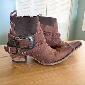 Retro Cowboy Ankle Boots Buckle Block Heel Pointed Toe Leather Western W Sz 7.5